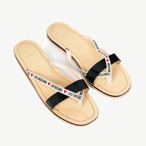 Love Moschino Black PVC Logo-Strap Thong Sandals